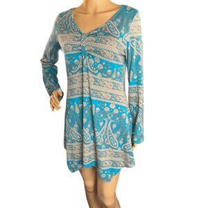Cestyle Womens Long Sleeve Babydoll Mini-Dress Tunic Paisley Dress Size M Boho